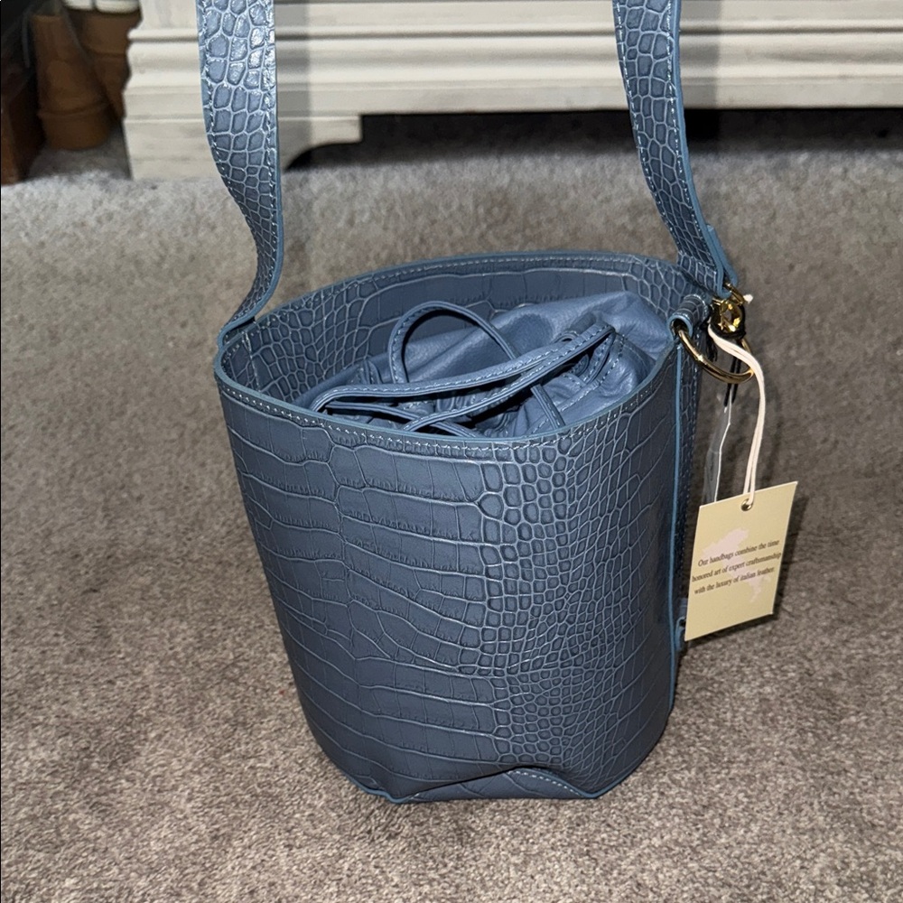 Croc-Embossed Bucket Bag in Slate Blue